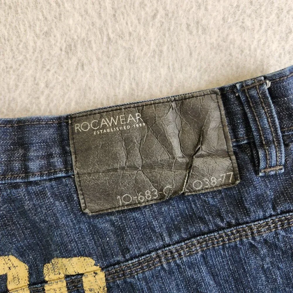 Vintage Rocawear Jeans Mens 38X32 Blue Spellout Baggy Y2K Skater Hip Hop VTG